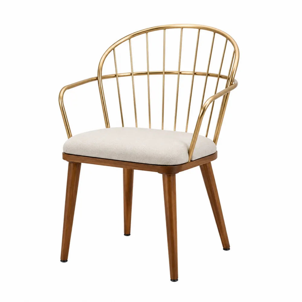 Silla de metal dorado y madera con asiento de poliéster beige