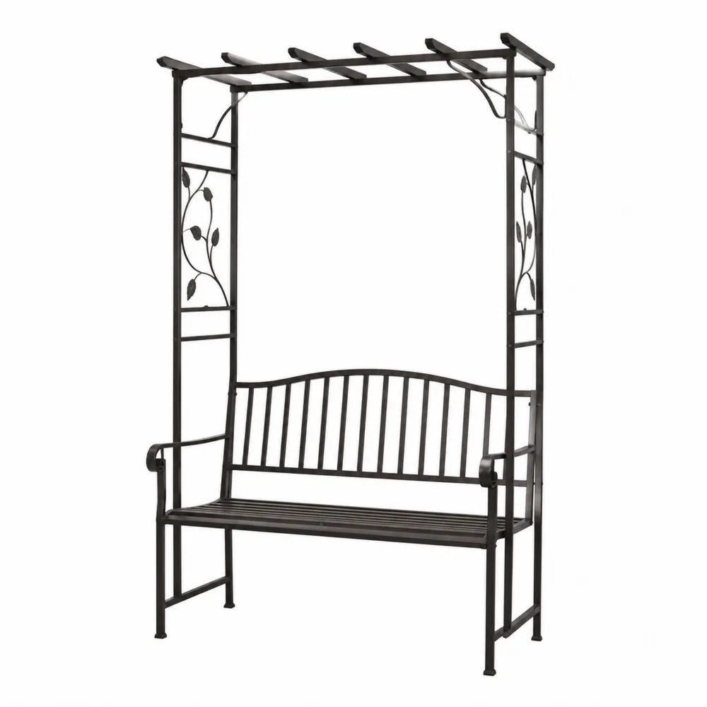 Banco de metal con pérgola de jardín negro 200x100x210 cm