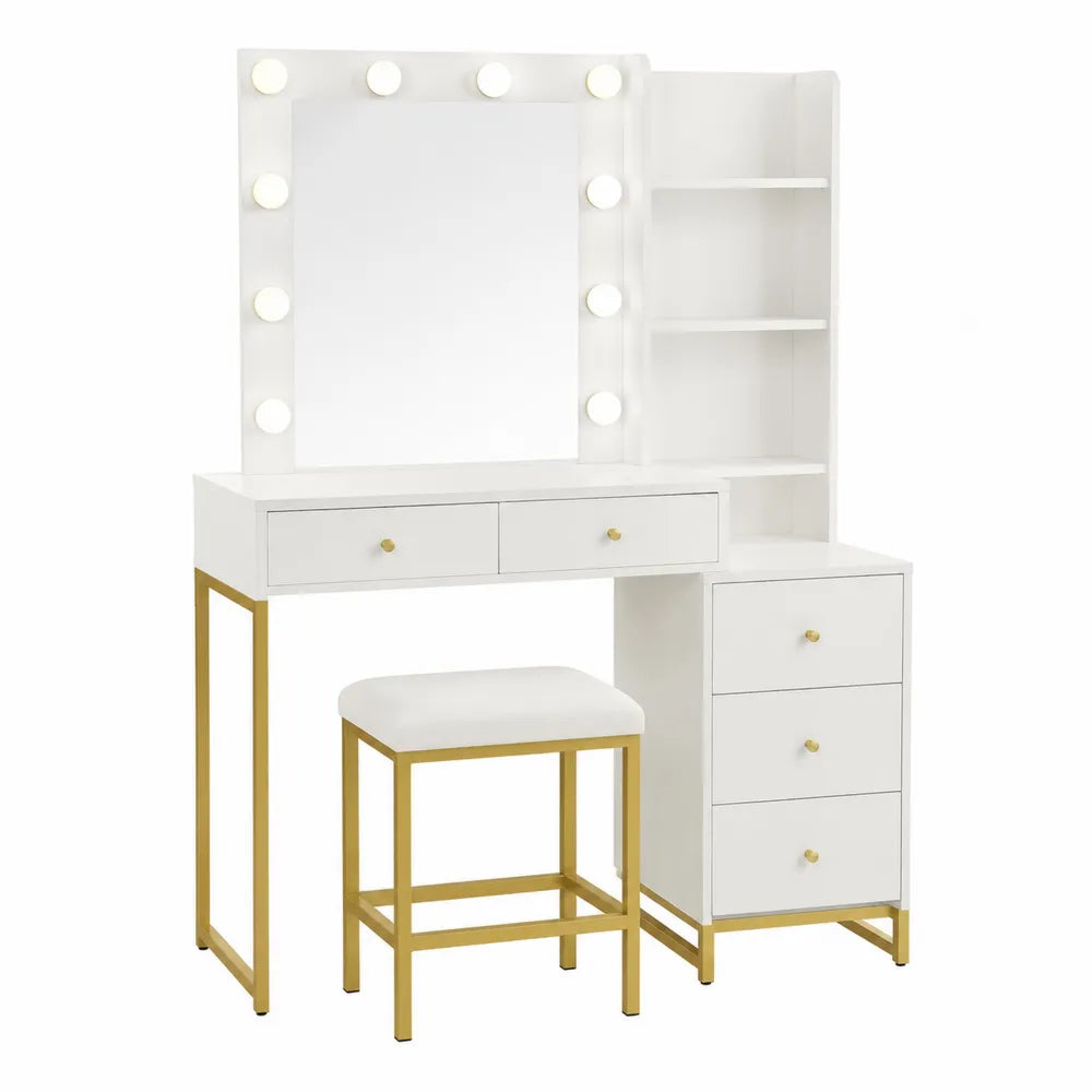 Tocador con espejo iluminado LED, blanco y estructura de metal dorado, con taburete