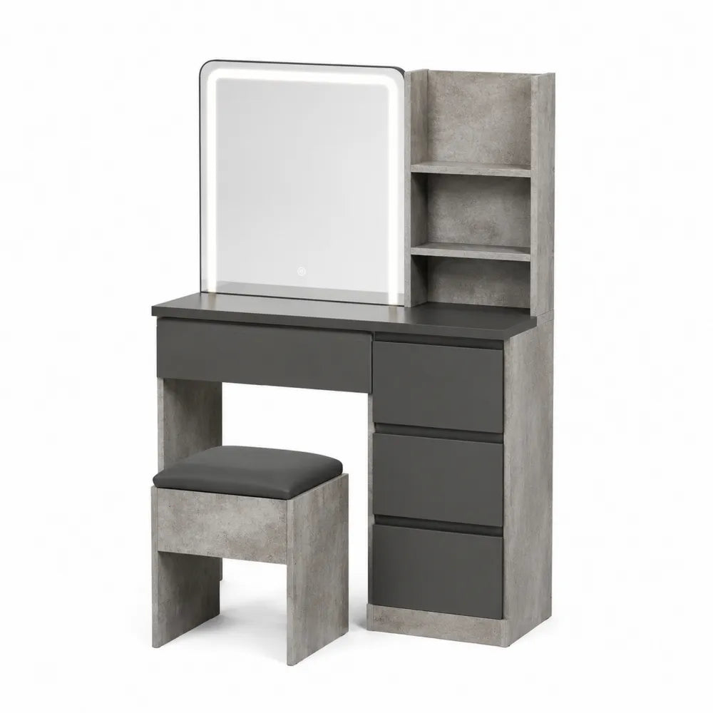 Tocador con espejo LED, madera contrachapada gris y negro