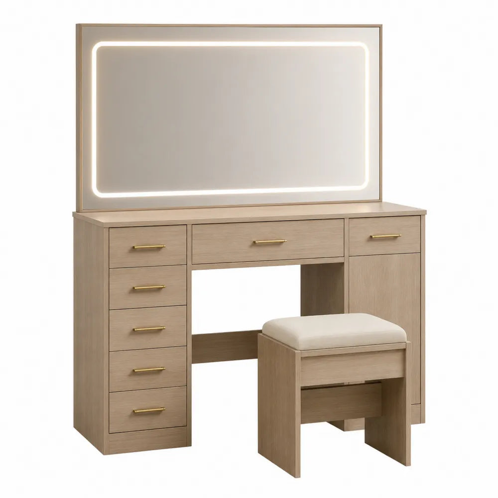 Tocador de madera con espejo LED y taburete beige claro
