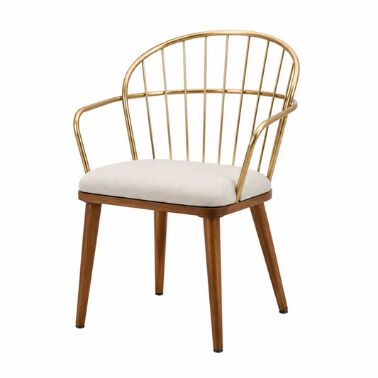 Silla de metal dorado y madera con asiento de poliéster beige