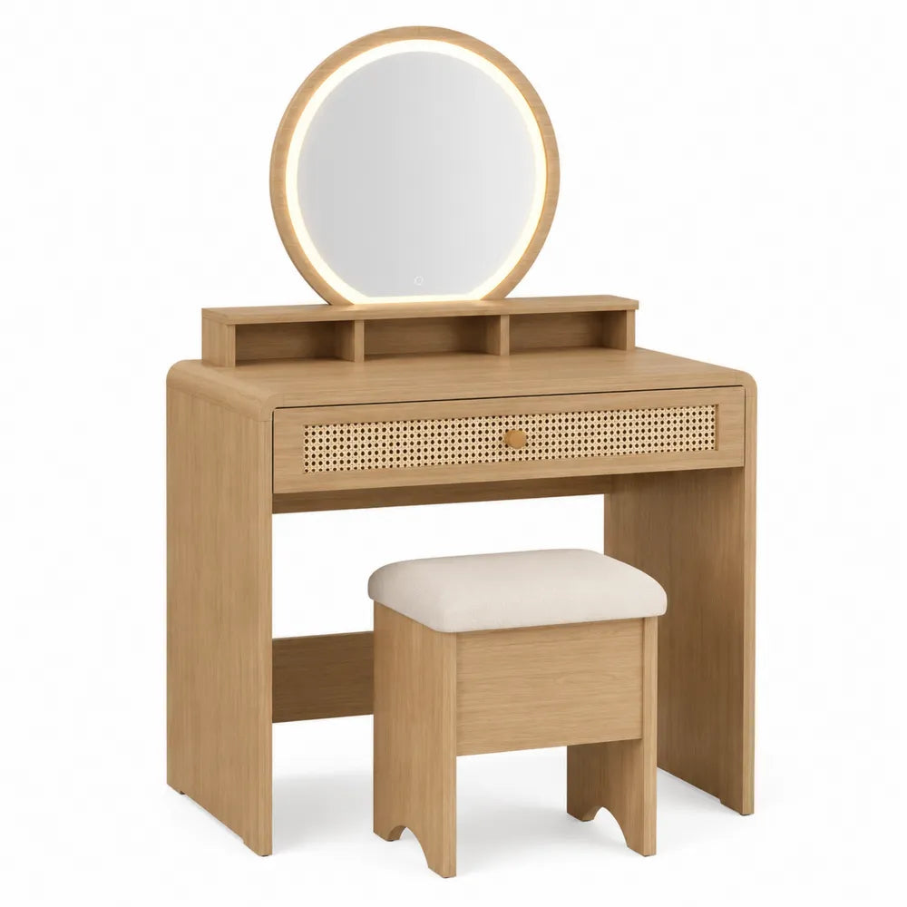 Tocador de madera con espejo LED y taburete