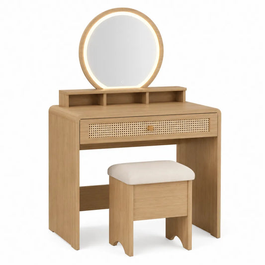 Tocador de madera con espejo LED y taburete