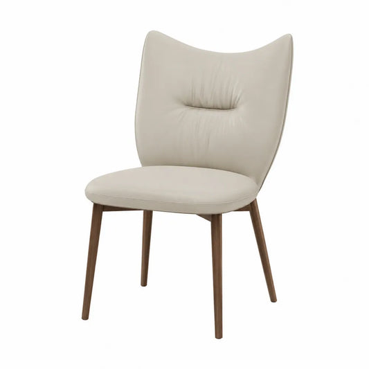 Silla de piel sintética beige con patas de madera de nogal