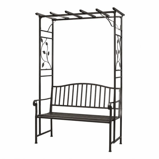 Banco de metal con pérgola de jardín negro 200x100x210 cm