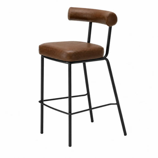 Taburete de bar de cuero sintético marrón y estructura de metal negro