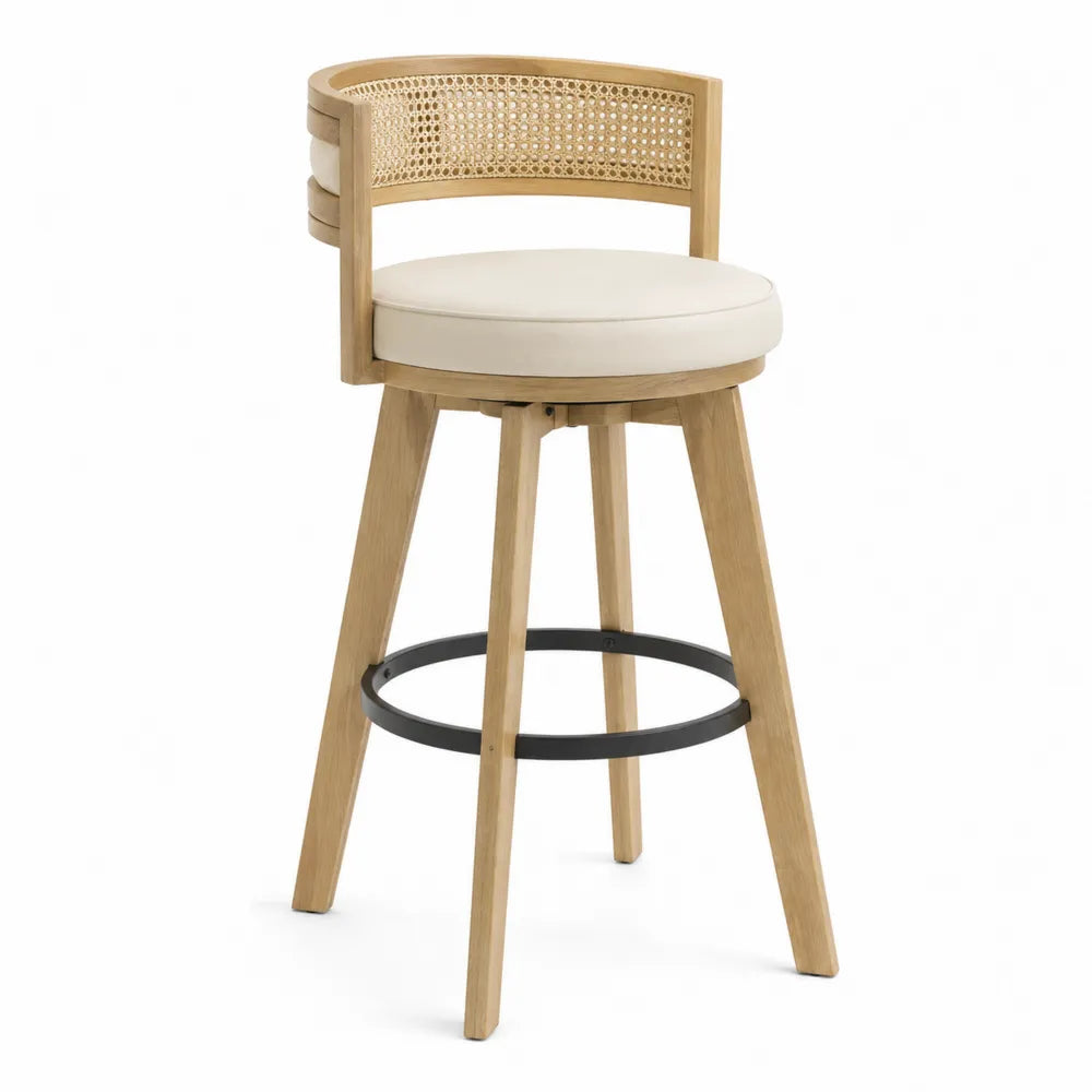 Taburete giratorio de roble y ratán con asiento crema