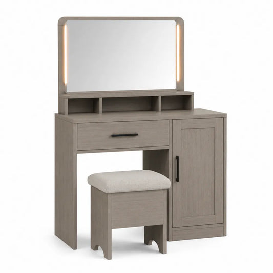 Tocador de madera con espejo LED y taburete acolchado