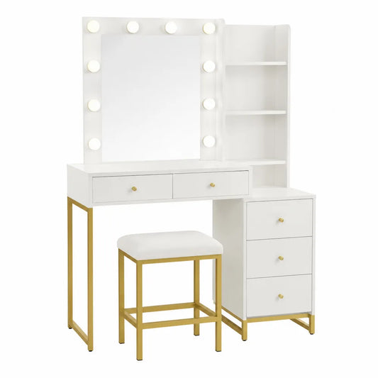 Tocador con espejo iluminado LED, blanco y estructura de metal dorado, con taburete