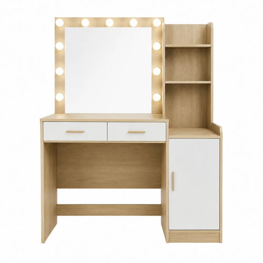 Tocador con LED, Roble y Blanco, MDF, 2 Cajones y 1 Puerta