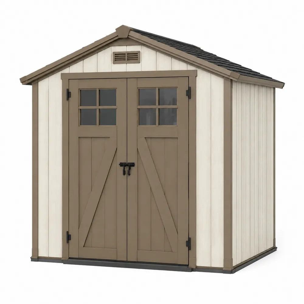 Cobertizo de almacenamiento exterior de resina 213x130x185 cm beige y marrón