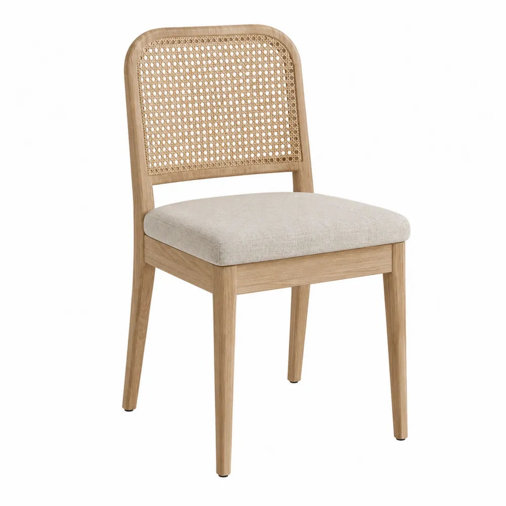 Silla de madera y ratán con asiento de lino 45x48x85 cm